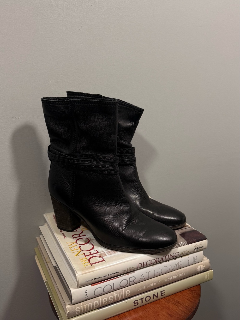 Frye Black Leather Braided Strap Mid-Calf Heeled Boots